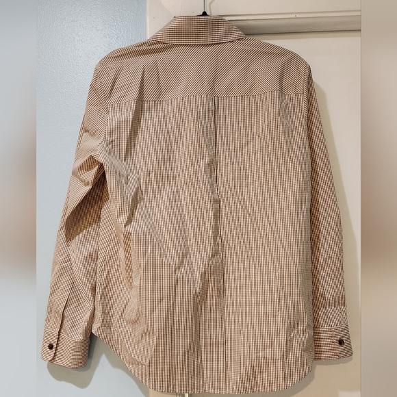 Women's Lafayette 148 Brown/Tan Striped Button Down Shirt, size M - Picture 9 of 10